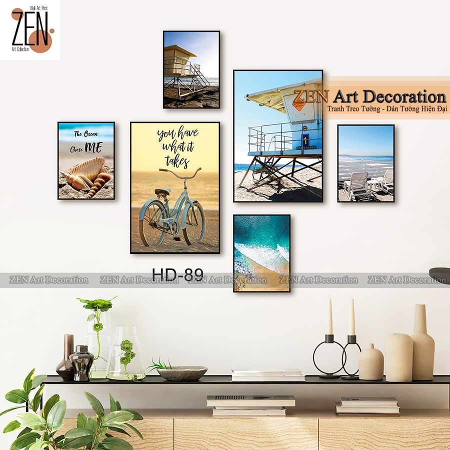 Bộ 6 tranh treo tường dán tường chủ đề hiện đại, treo phòng ngủ phòng khách có keo sẵn nhà zen