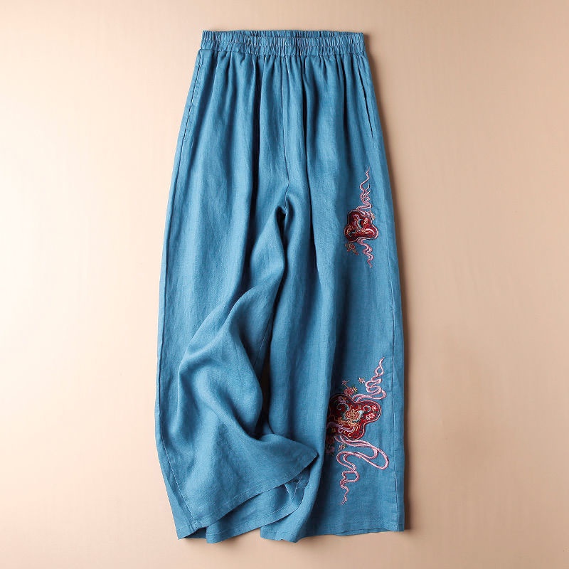 Quần Cotton Lanh Ống Rộng Lưng Cao Thêu Họa Tiết Phong Cách Mới Mùa Hè Cho Nữ