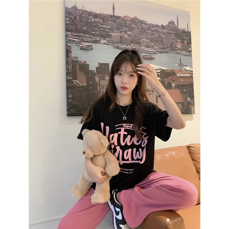 Áo Thun Ngắn Tay Dáng Rộng In Chữ Thời Trang Mùa Hè Hàn Quốc