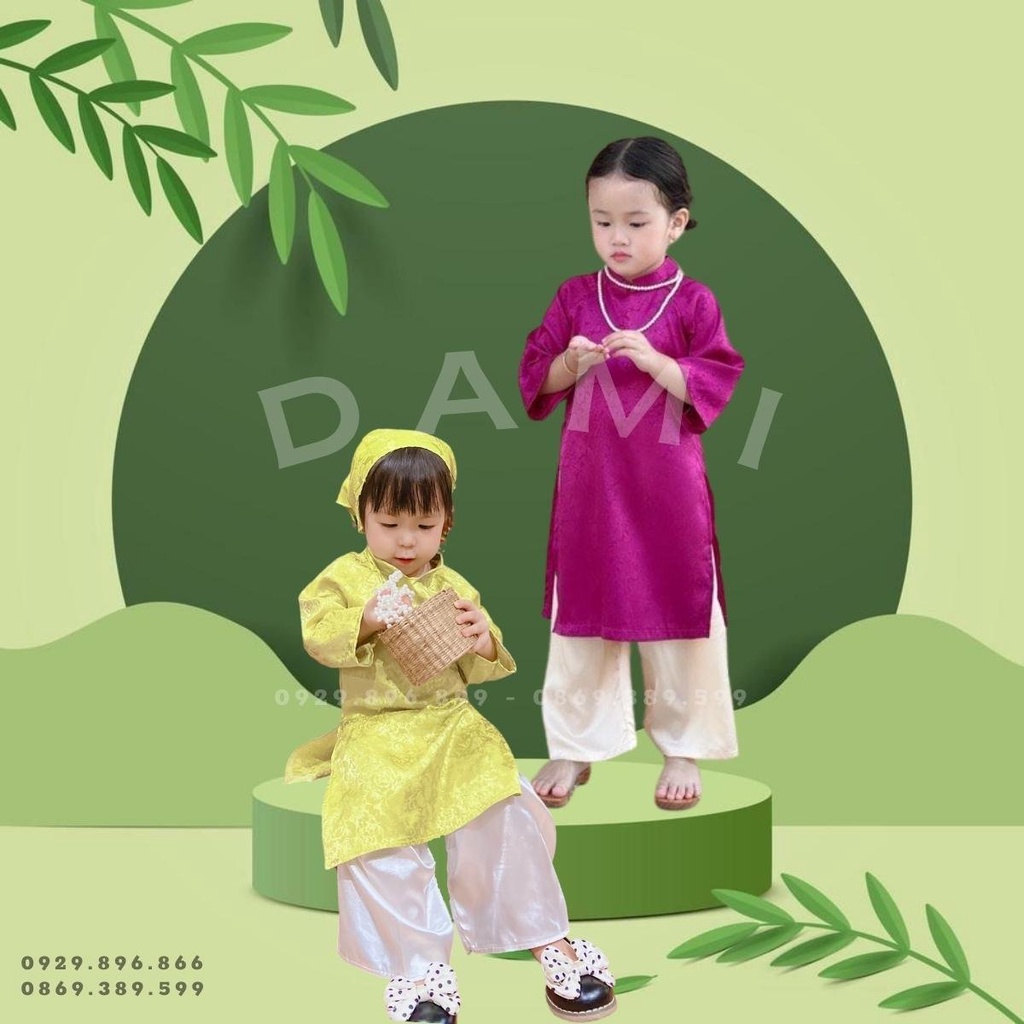 Áo dài gấm cách tân 4 chi tiết mặc Tết cho bé gái màu xanh và màu hồng tím size 8-20kg