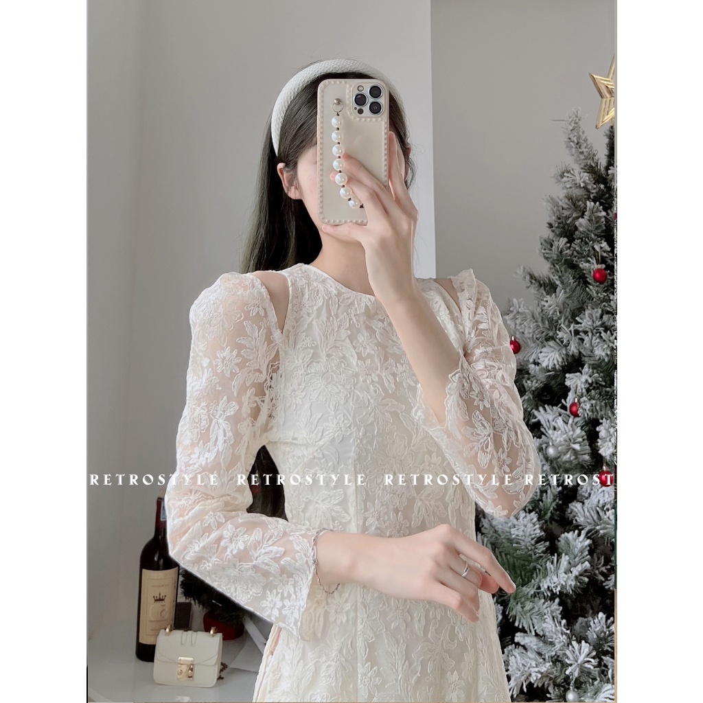 Set áo dài ren khoét vai hoa nổi 2 lớp mã aodairenkhoetvai