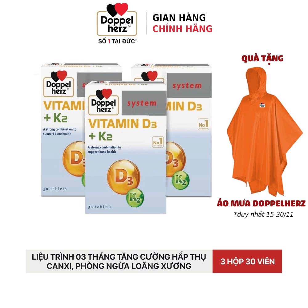 Liệu trình 03 tháng tăng cường hấp thụ Canxi, phòng ngừa loãng xương Doppelherz Vitamin K2 D3 (03 hộp, 30 viên/hộp)
