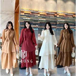 Đầm xuông cổ nơ có dây cột eo hai tâng mã mb2