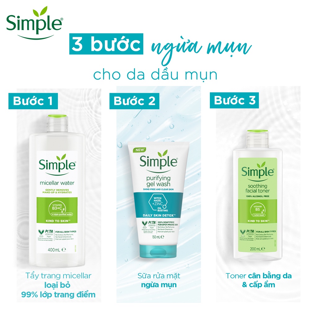 Combo Simple Tẩy trang Micellar 200ml + Sữa rửa mặt 150ml + Nước hoa hồng 200ml ngừa mụn hiệu quả [CHÍNH HÃNG ĐỘC QUYỀN] | BigBuy360 - bigbuy360.vn