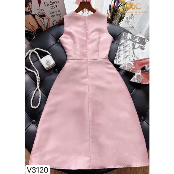 V3120 váy chữ A màu hồng gắn hoa