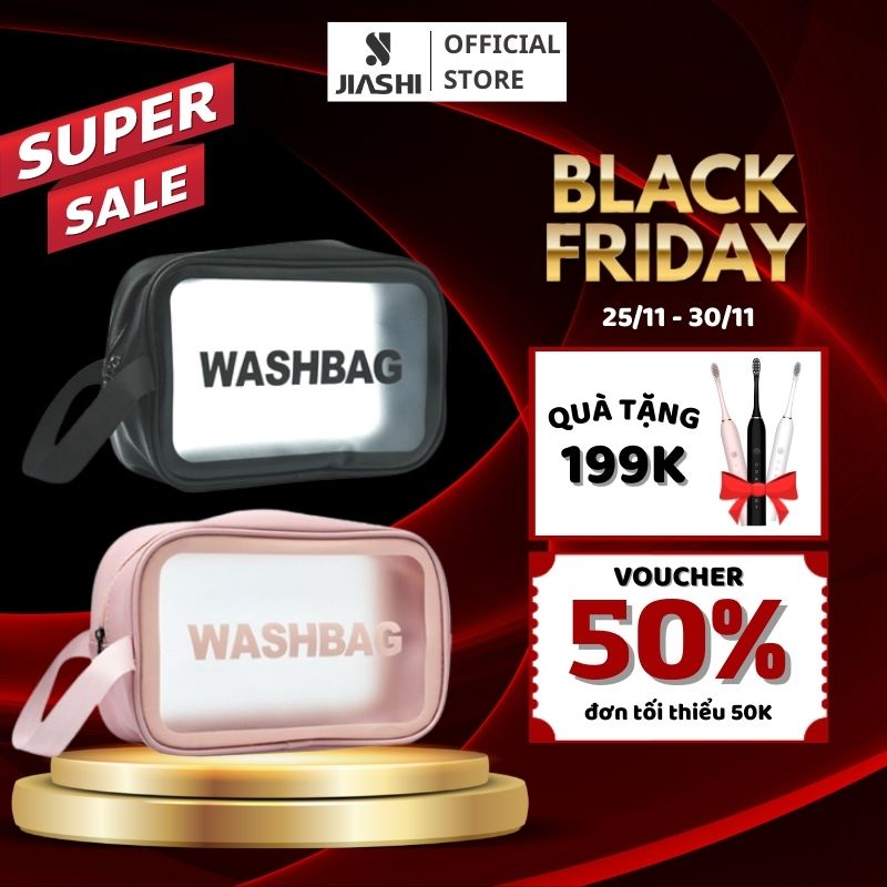 Túi đựng mỹ phẩm trong suốt cao cấp Washbag, túi đựng đồ du lịch đa năng 3 màu đen hồng trắng TDM01