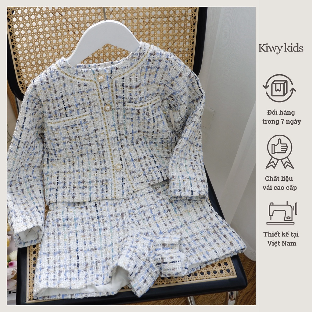 Bộ đồ thu đông cho bé gái Kiwy Kids gồm áo khoác và quần cạp chun chất liệu dạ tweed Kids2156T cho bé từ 5 đến 11 tuổi