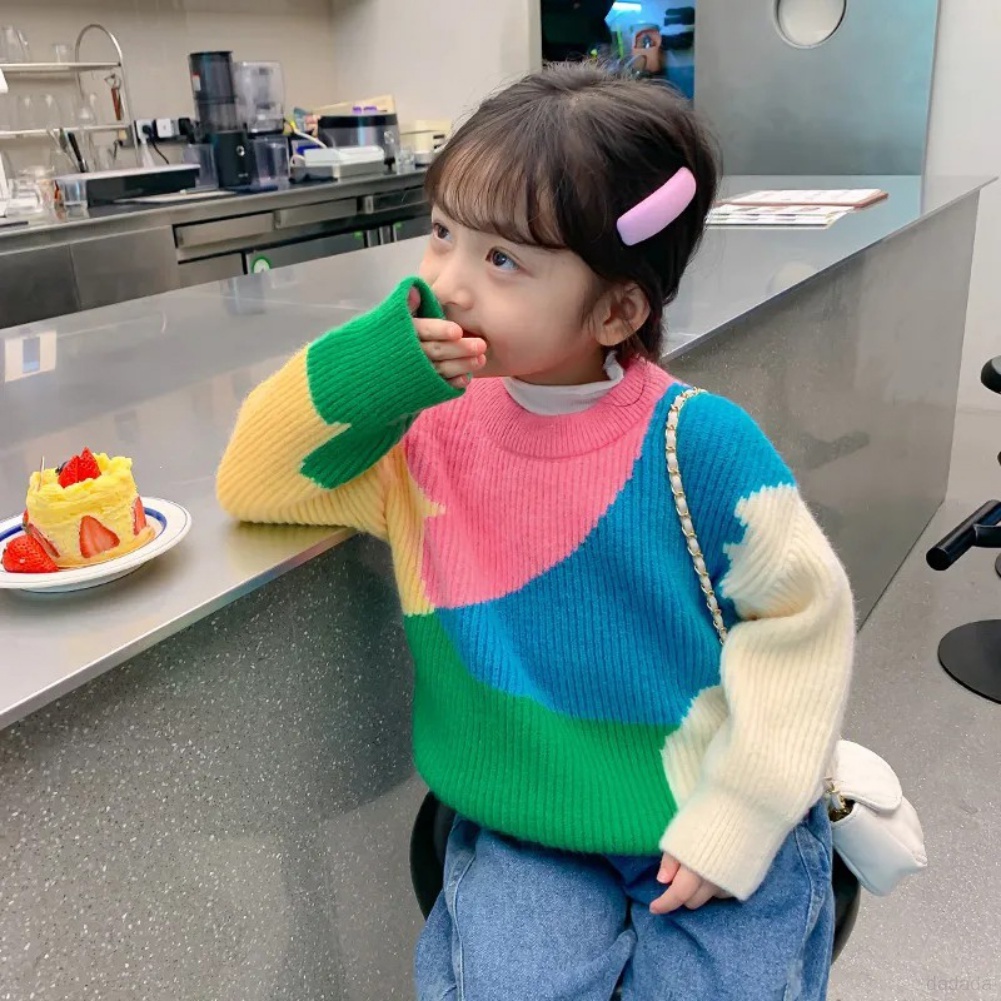 Áo Sweater Màu Sắc Tương Phản Phong Cách Hàn Quốc Cho Bé Gái