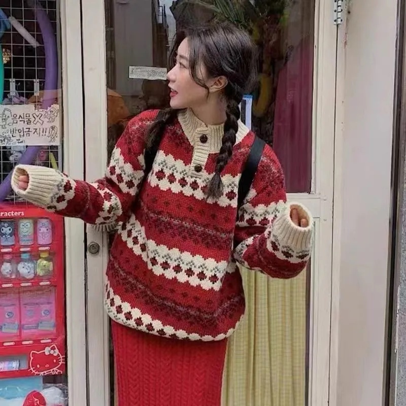 IELGY Áo Sweater Tay Dài Cổ Tròn Màu Đỏ Phong Cách Giáng Sinh Cho Nữ