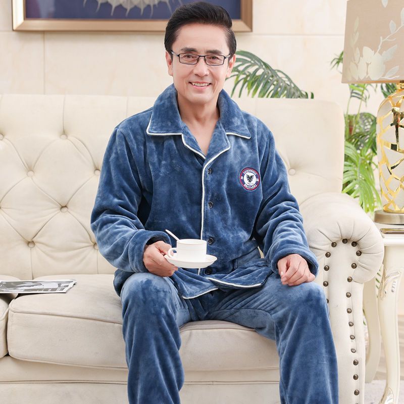 Bộ đồ ngủ lông cừu san hô dày cho người trung niên và người già trong mùa đông, bộ quần áo mặc ở nhà giữ ấm và chống lạn