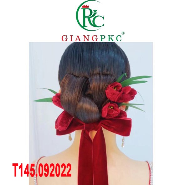 Bộ cài tóc cô dâu hoa tuy líp kèm băng đô nhung màu đỏ đô