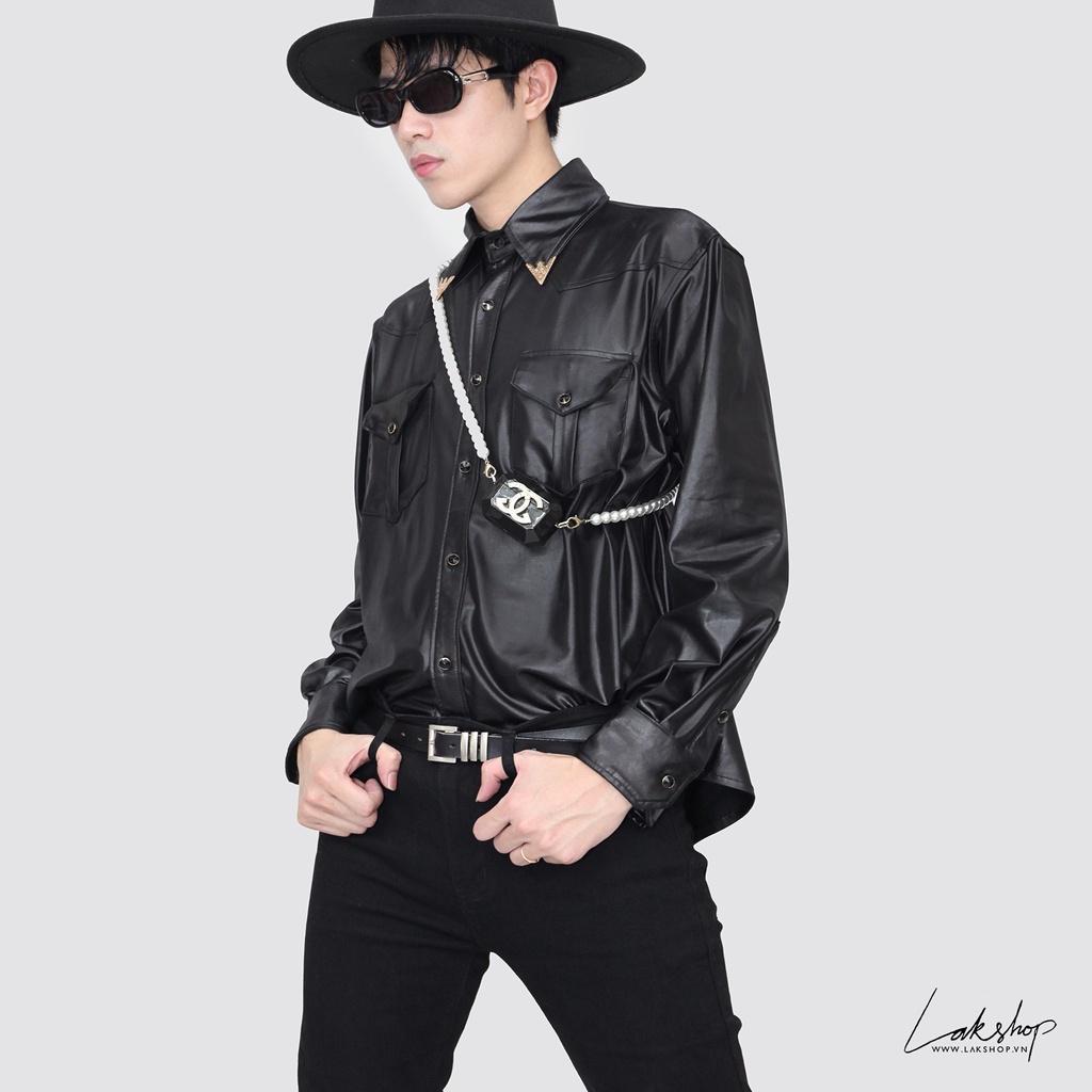 Áo sơmi tráng da Lak Studios Faux Leather with Metallic Collar Tip Shirt