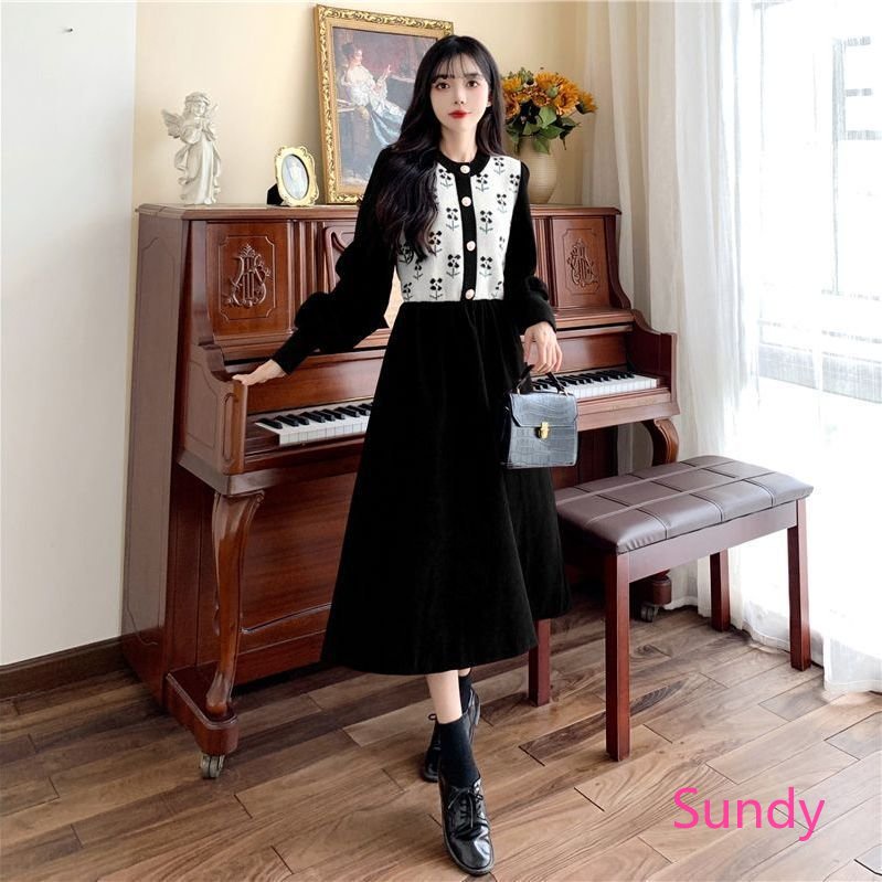 Đầm Dệt Kim Tay Dài Màu Đỏ Cổ Điển Phong Cách Giáng Sinh Thu Đông Cho Nữ Mừng Năm Mới