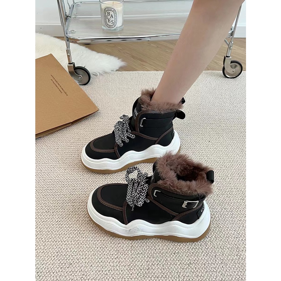 Giày Bốt Đi Tuyết Da Lót Lông Cừu Dày 5CM Cột Dây Màu Trắng / Đen Ấm Áp Thời Trang Mùa Đông 2022