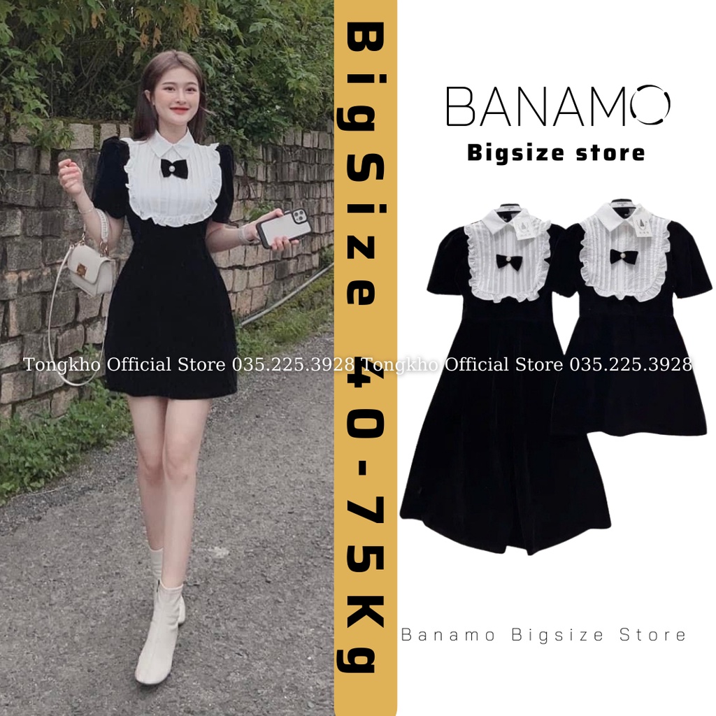 Váy nhung nữ BIGSIZE đầm nhung đen cổ nơ pha bèo trắng tiểu thư 556 | BigBuy360 - bigbuy360.vn