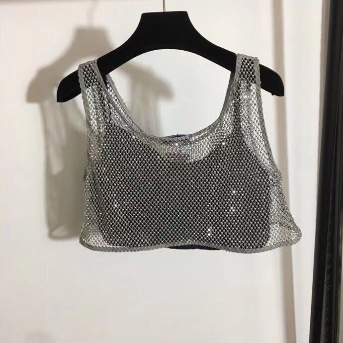 PRADA 2022 new style imitation Crystal sling two-piece set heavy industry hot drilling hollow out navel short vest sexy spot supply