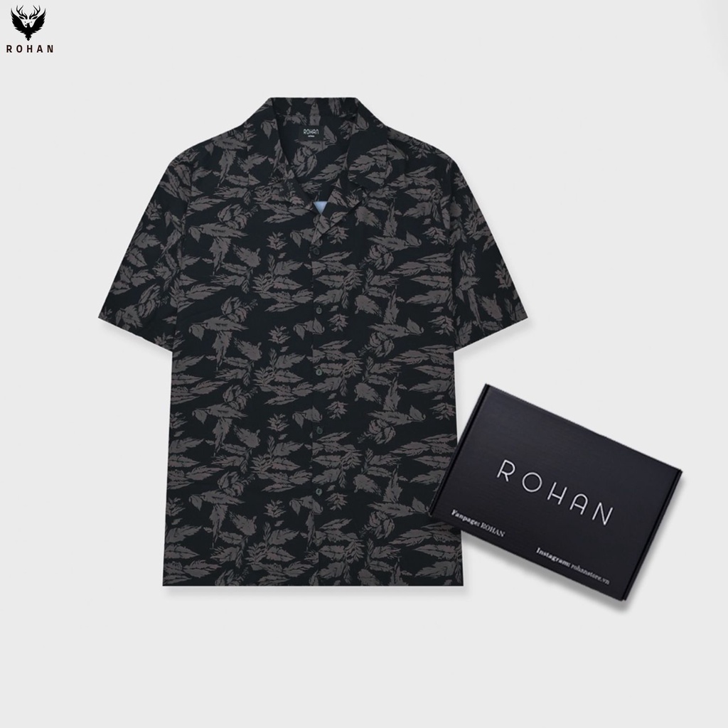 Áo sơ mi nam tay ngắn ROHAN Fullbox, form rộng vải lụa cao cấp, thoáng mát, không nhăn | Sơ mi họa tiết lá cọ