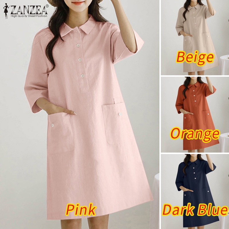 Đầm Zanzea tay dài cổ bẻ dáng rộng phong cách Hàn Quốc thời trang cho nữ