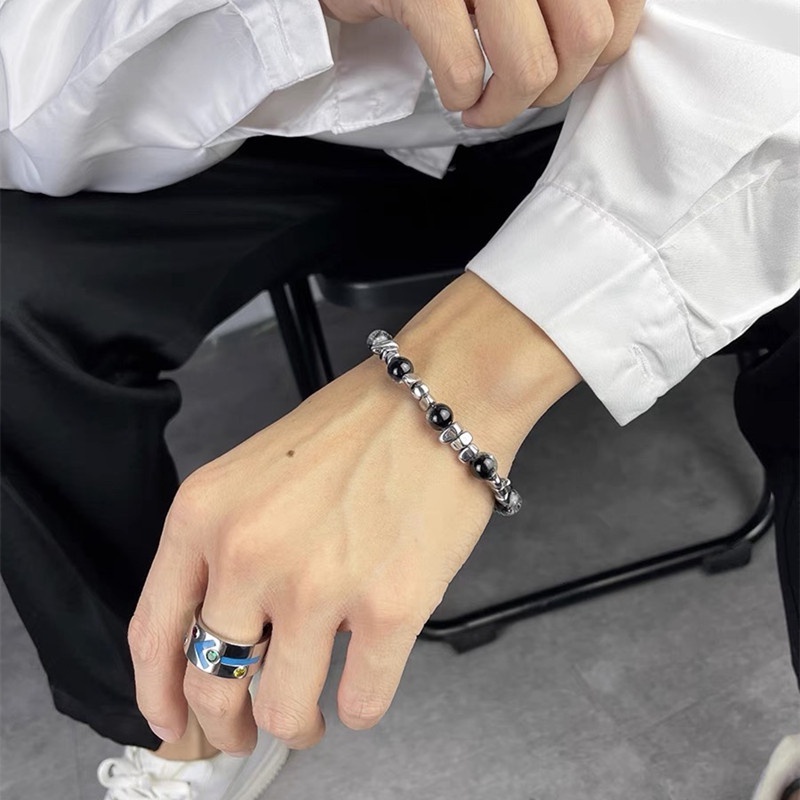 Vòng Tay Chuỗi Hạt Đá Mắt Mèo Bằng Thép Titan Màu Đen Phong Cách Hàn Quốc Cổ Điển Thời Trang Cho Cặp Đôi