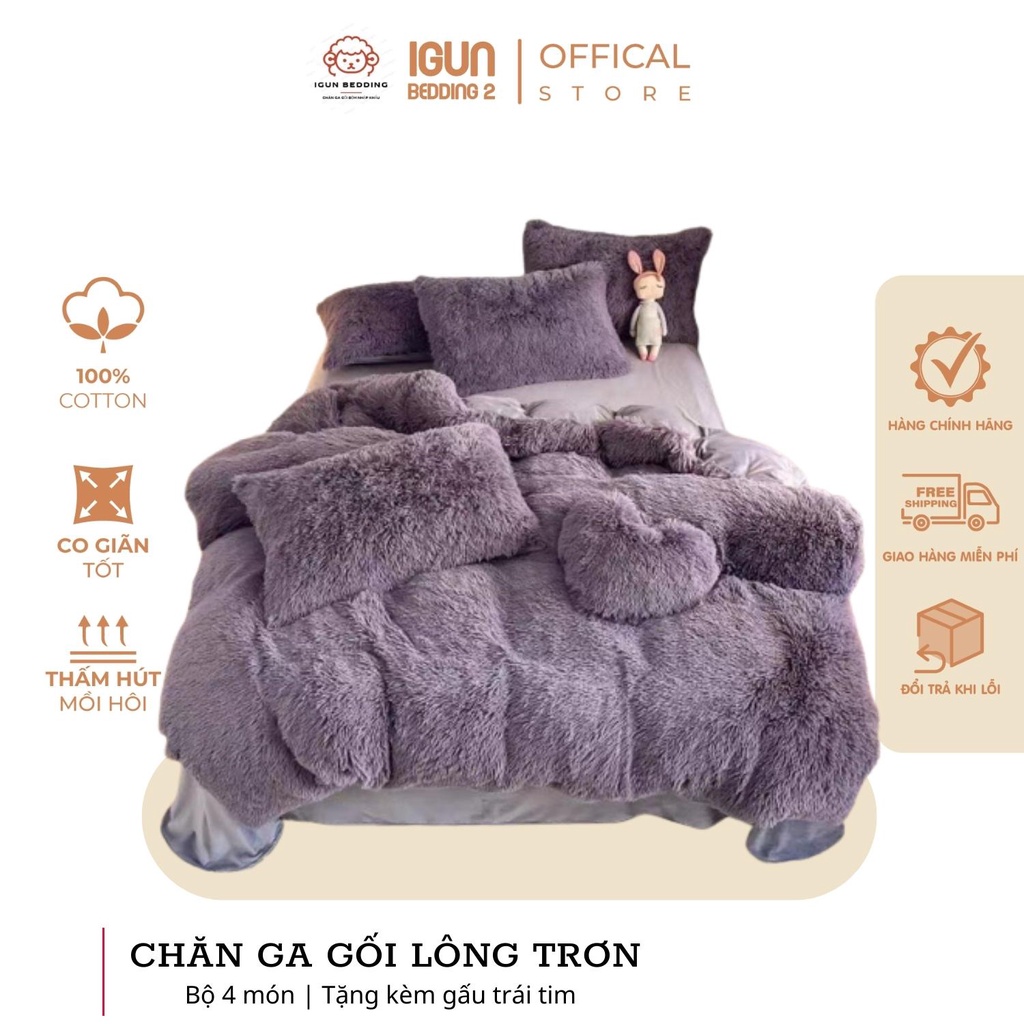 Set nỉ nhung tim trơn, bộ 4 món chăn ga gối lông trơn tặng kèm gối tim IGUN DERCOR