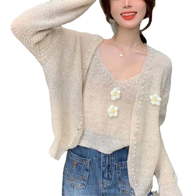 Set Áo Khoác Cardigan Họa Tiết Hoa 3D Và Áo Hai Dây Phong Cách Hàn Quốc