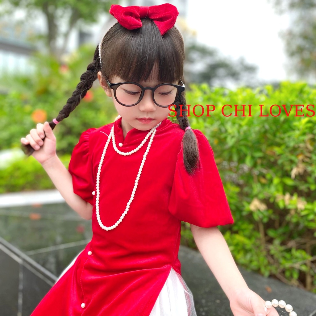 Áo dài cho bé gái từ 8-32kg CHI LOVES. Áo dài cách tân cho bé gái 1 2 3 4 5 6 7 8 tuổi chất nhung đỏ mềm CT7
