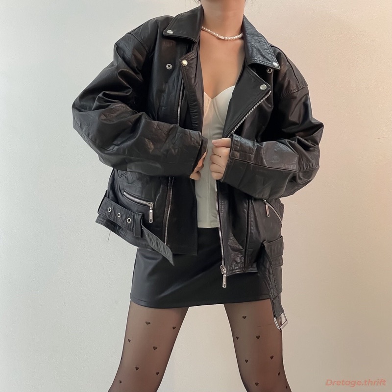 Áo khoác biker da thật dáng oversize màu đen