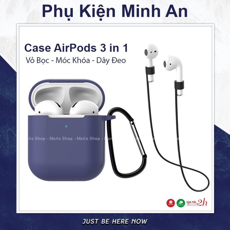 Combo 3in1 Vỏ Bọc Tai Nghe AirPods 1/2 Case Silicon, Móc Khóa Treo Balo Túi Xách, Dây Đeo Chống Rớt - Minh An Saigon
