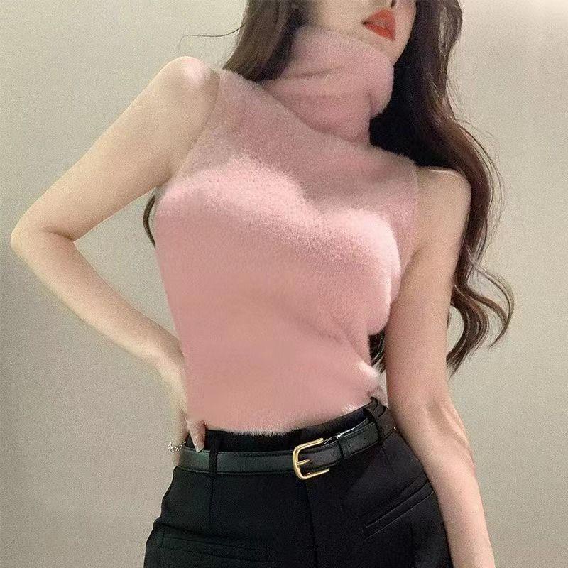 Áo Len Dệt Kim Sát Nách Cổ Cao Dáng Ôm Thời Trang Thu Đông Dành Cho Nữ