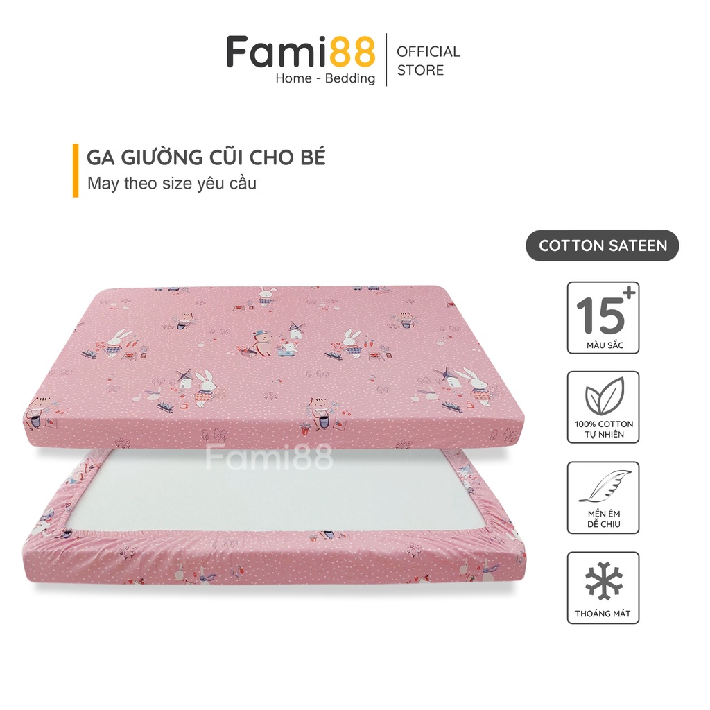 Ga giường cũi cho bé gái Cotton Satin Hàn Quốc Fami88 Bedding, ga giường trẻ em, ra nệm cũi cho bé đặt theo size yêu cầu