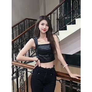 Áo Croptop Sát Nách Da PU Cổ Vuông Màu Trơn Phối Khoá Kéo Phong Cách Đường Phố
