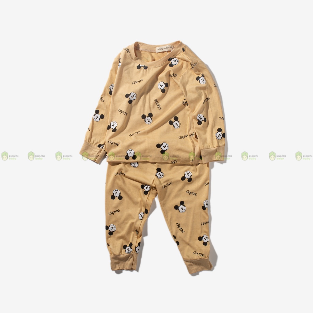 Bộ Dài Tay Cho Bé Trai, Bé Gái Vải Thun Lạnh Minky Mom Hoạ Tiết Mickey Mouse, Đồ Bộ Mặc Nhà Cho Bé MKMTD2238