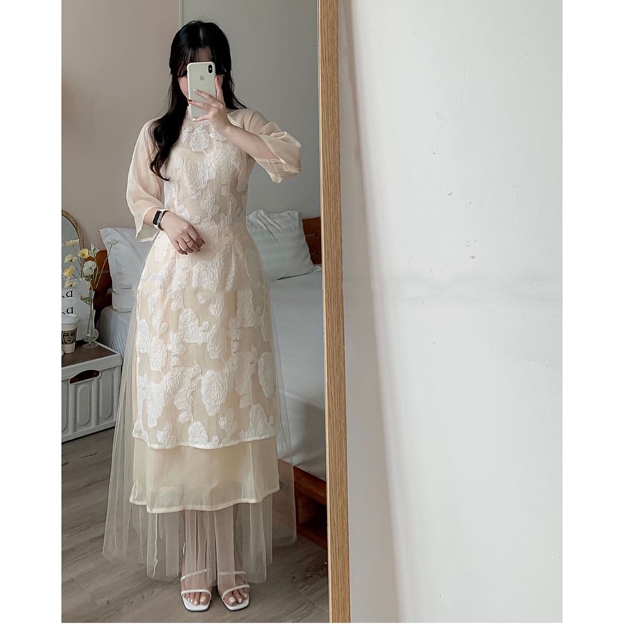 Set Áo Dài Thiết Kế Cách Tân Vải Ren Họa Tiết Hoa Cao Cấp M213 - Lolla Fashion
