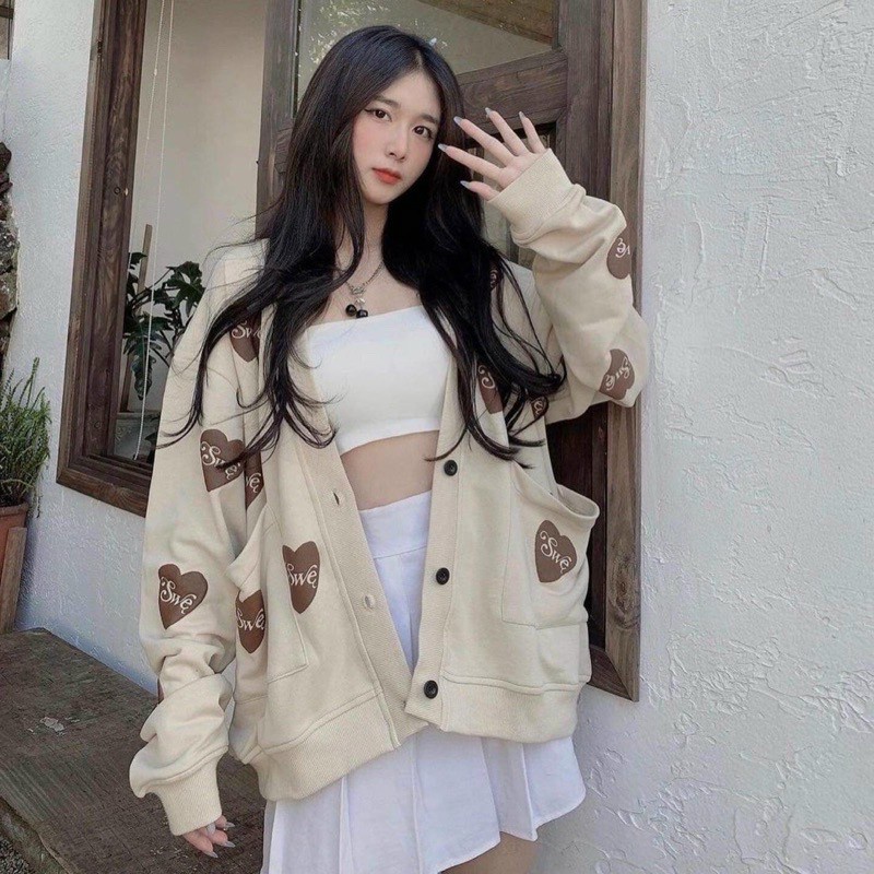 áO Khoác Nỉ Cardigan Nữ Họa Tiết Trái Tim Siêu Dễ Thương_giá rẻ mẫu hót_hàng có sẵn ạ