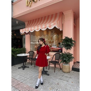 Đầm nhung khoét eo đính đá (ảnh thật)