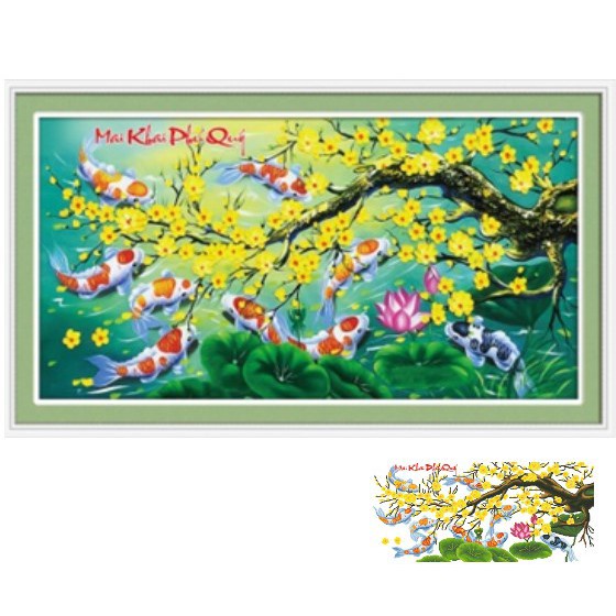 Tranh thêu chữ thập Cá Hoa Mai khai phú quý Cửu Ngư Quần Tụ LV3237 |93x52cm|- chưa thêu