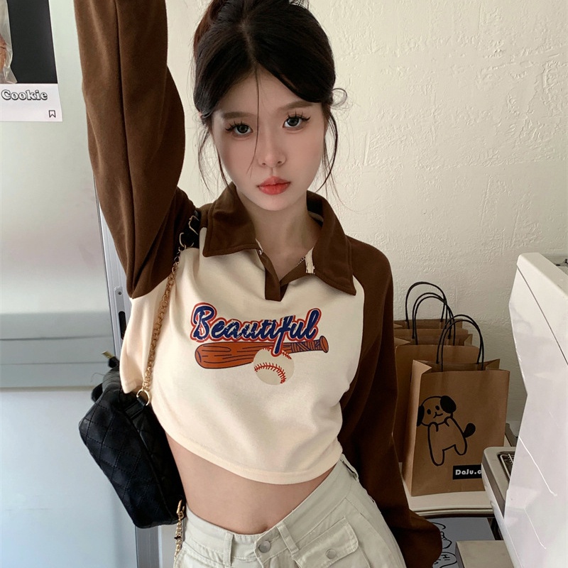 IELGY  Áo Croptop Tay Dài In Chữ Thời Trang Dành Cho Nữ