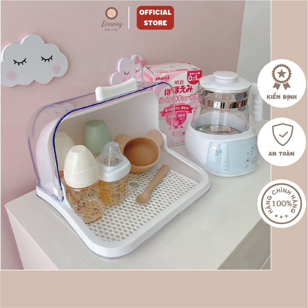 Khay úp bình sữa trong suốt cho bé 30x26x22cm, giá úp bát đĩa có nắp đậy tiện lợi, vệ sinh - Lemony