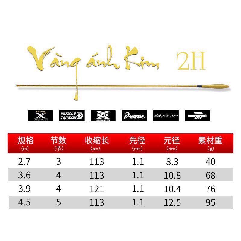Cần câu tay Limited  vàng Ánh Kim 2H siêu dẻo tặng kèm ngọn phụ