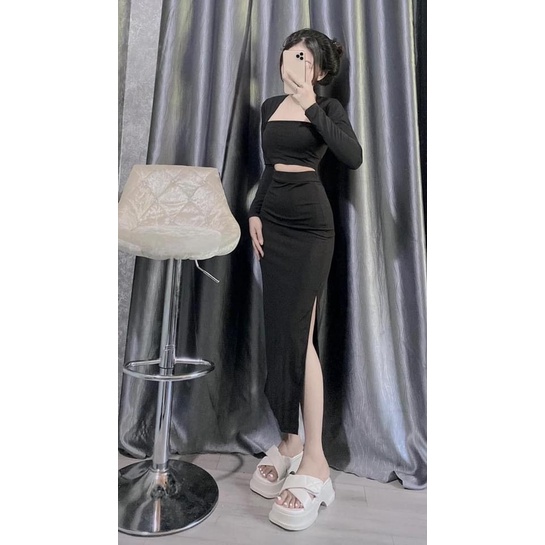 Set Váy Dài Xẻ Đùi Kèm Áo Tay Dài Cổ Vuông Chất Thun Dẻo Co Giãn Thích Hợp Mặc Đi Tiệc Đi Làm Đi Chơi