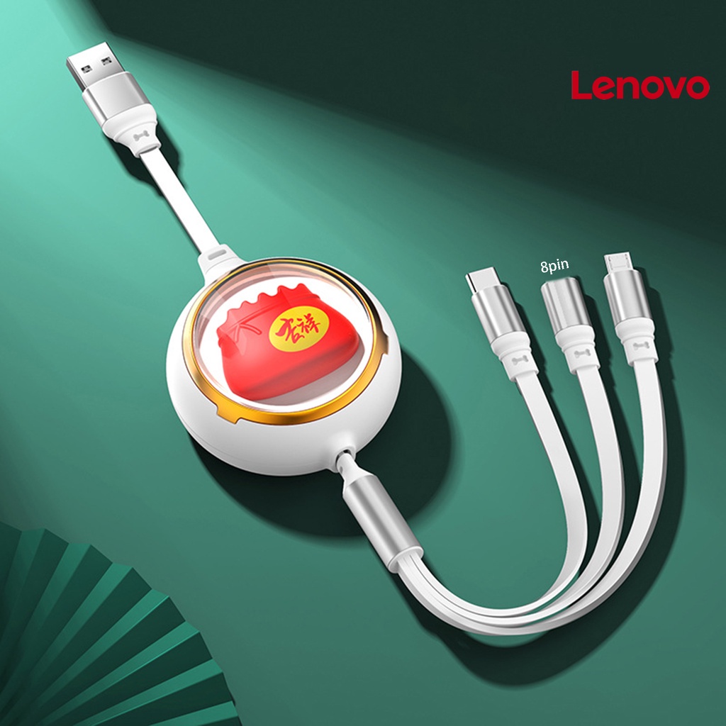 Dây cáp sạc truyền dữ liệu LENOVO KC-5A 3 trong 1 chống rối 8 chấu Type C Micro USB họa tiết mèo may mắn cho điện thoại