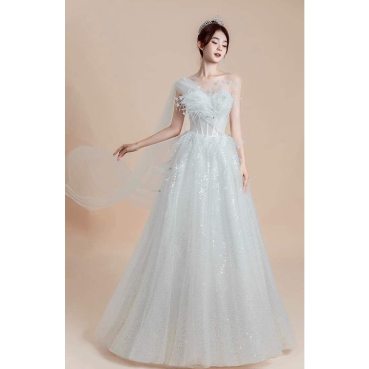 Váy tiệc lông vũ kim sa hạt như công chúa sang chảnh, dịu dàng cao cấp