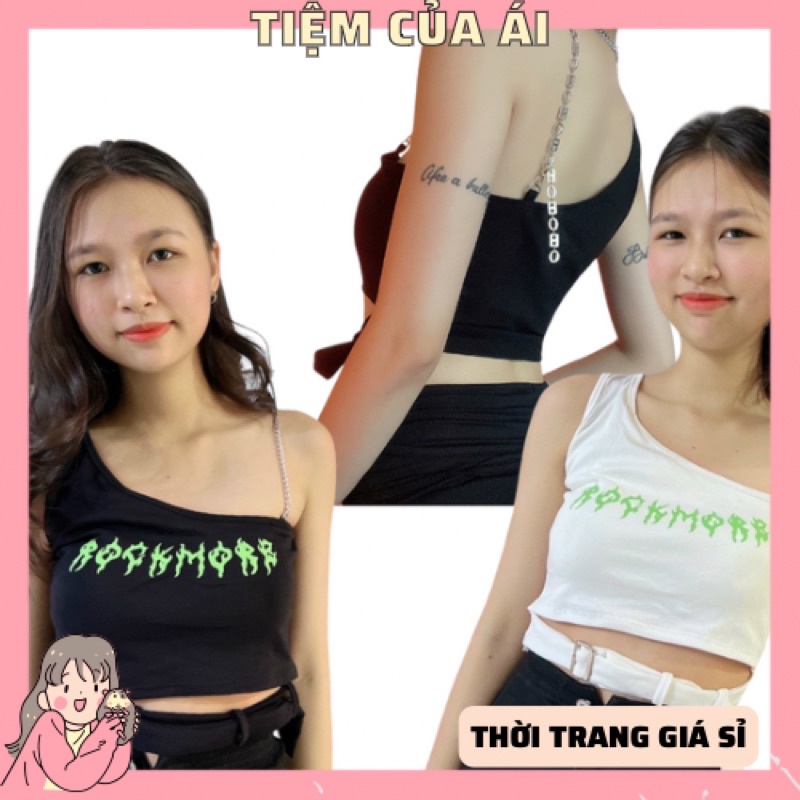 🌱 Áo croptop lệch vai phối xích có dây vòng eo hai màu cơ bản 🌱