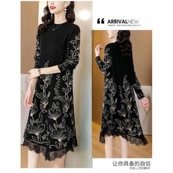 Hàng nhập - Đầm len suông thêu hoa văn lộng lẫy, váy xuông len dệt kim viền ren sang trọng