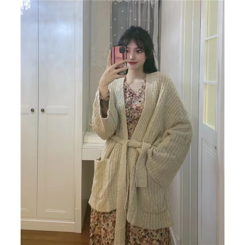 Áo Khoác Cardigan Dệt Kim Dáng Rộng Cột Dây Thời Trang Xuân Thu Phong Cách Mới Cho Nữ