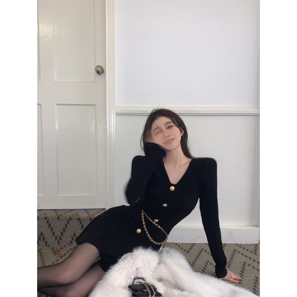 ZHELIHANGFEI Đầm dệt kim V - áo tay dài cổ nhận được eo trông mỏng manh A - váy ngắn viền gợi cảm