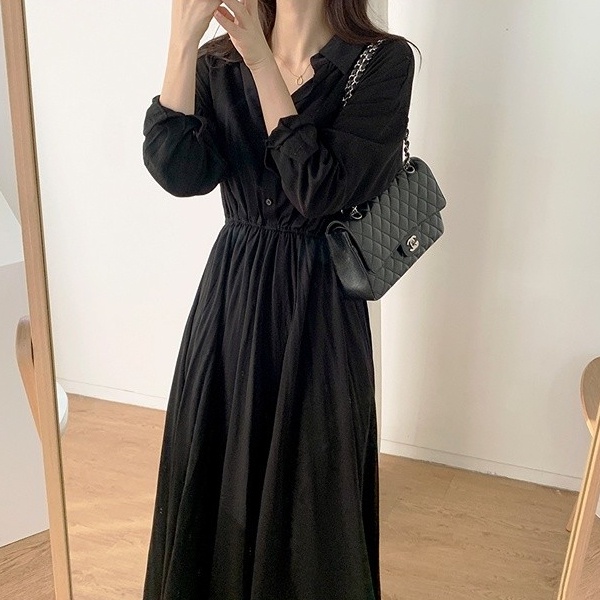 Đầm SUXI dáng chữ A tay dài màu sắc đơn giản thời trang Hàn Quốc dành cho nữ