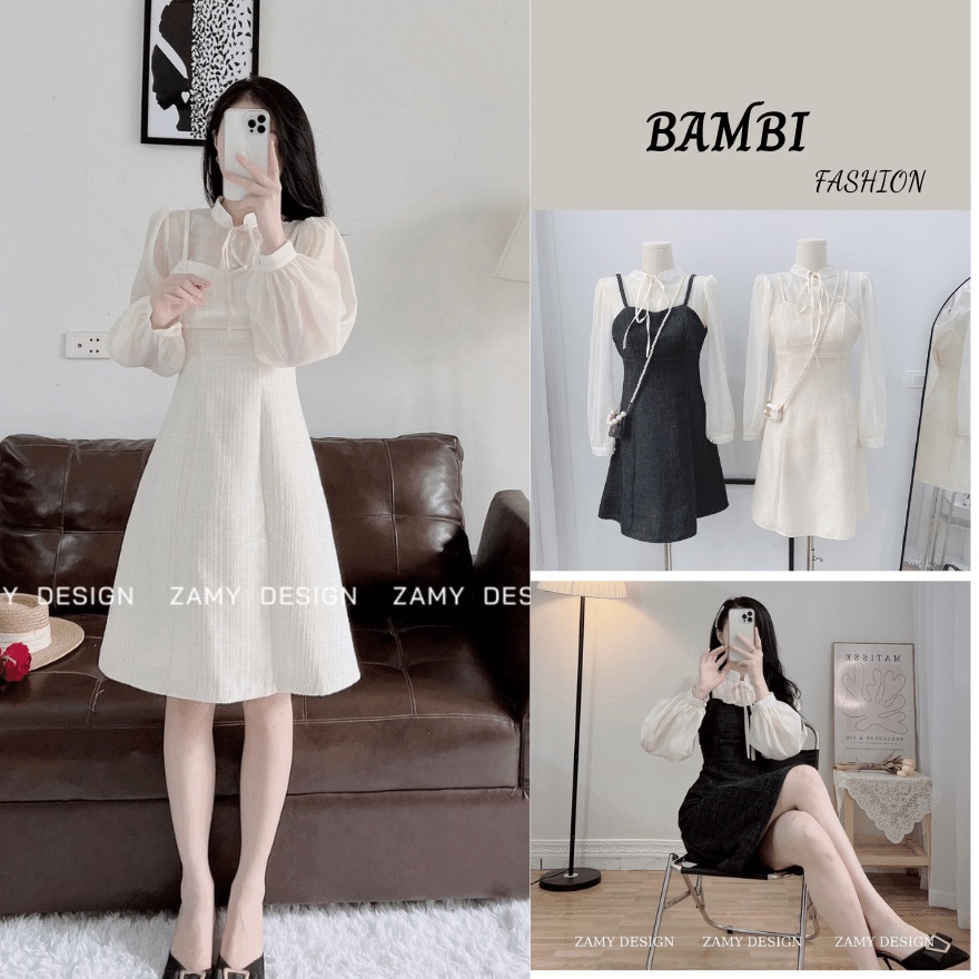Váy dạ pha tơ tay bồng nữ tính BAMBI hàng quảng châu chất đẹp