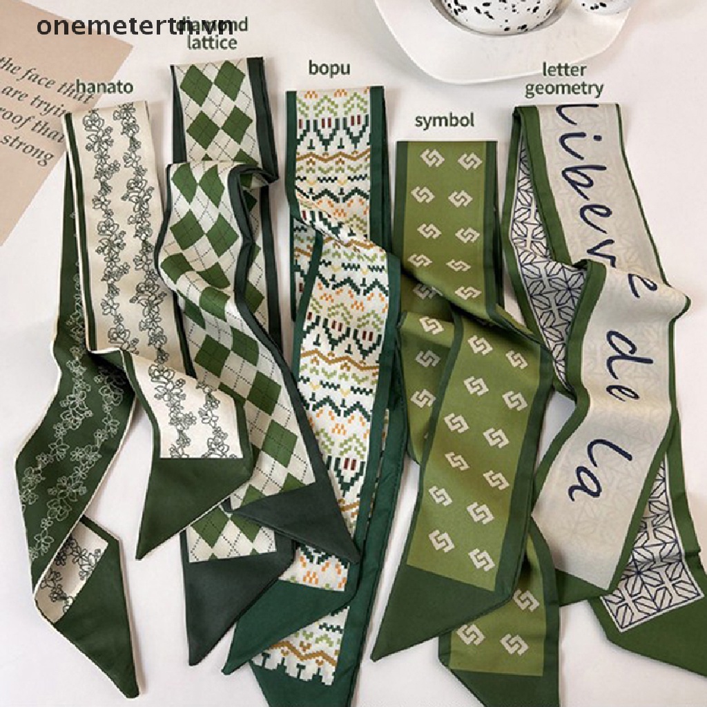 Onemetertn Khăn Choàng Lụa Voan Dài In Họa Tiết Hình Học Chữ Cái Màu Xanh Lá
