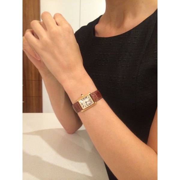 Đồng hồ dây da nam nữ CTr tank 20x23mm và 26x32mm mặt chữ nhật dây nâu viền vàng cổ điển